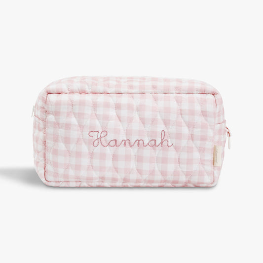 Toiletry Pouch in Pink Gingham. "Hannah" embroidered on the front.