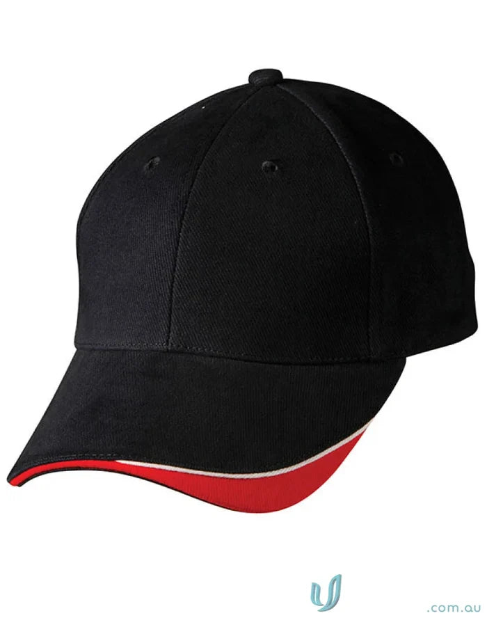 Black Triple Sandwich Peak Cap with red and white trim, made from heavy brushed cotton