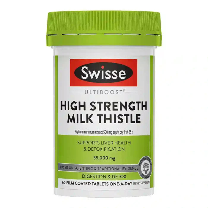 A white plastic bottle of Swisse Ultiboost High Strength Milk Thistle supplement with a bright green cap and a white and green label.