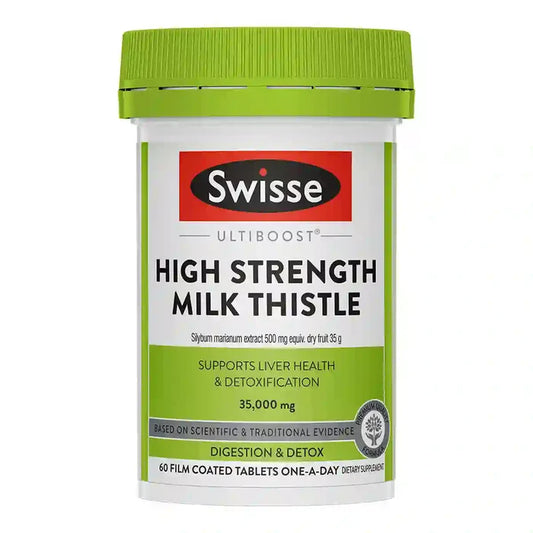 A white plastic bottle of Swisse Ultiboost High Strength Milk Thistle supplement with a bright green cap and a white and green label.
