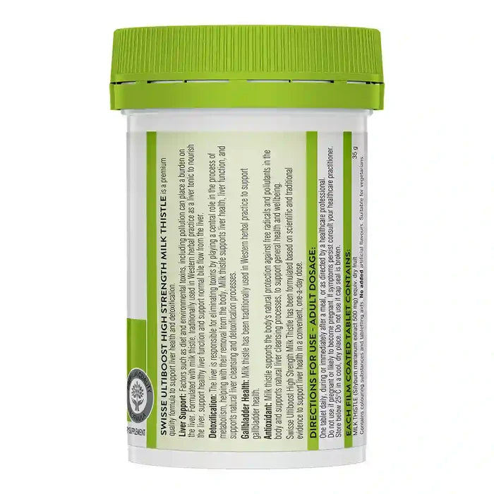 A white plastic bottle of Swisse Ultiboost High Strength Milk Thistle with a bright green cap.
