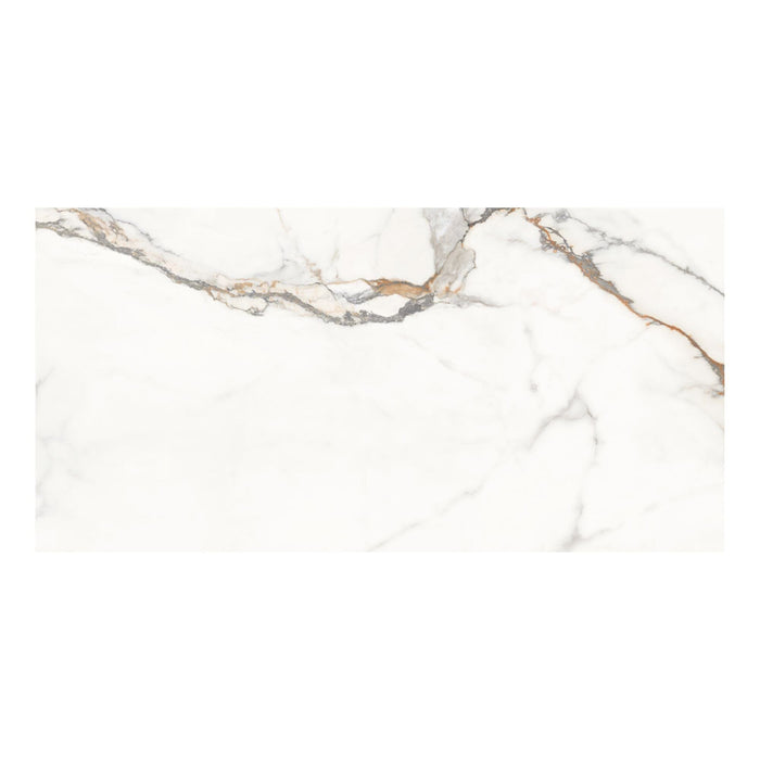 Marble-patterned tile with gold and grey veining on a white background