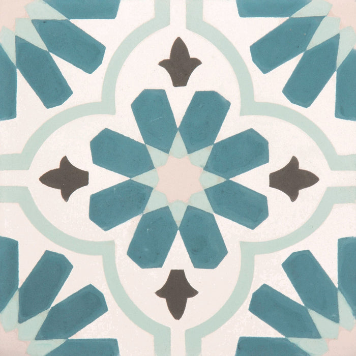 Decorative tile with geometric pattern in teal, gray, and white