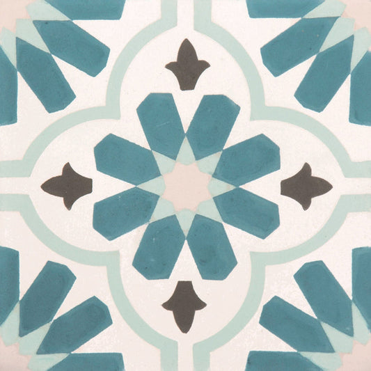 Decorative tile with geometric pattern in teal, gray, and white