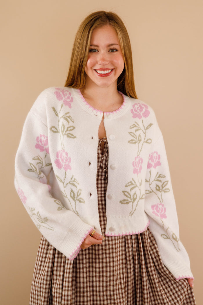 Pink and Green Rose Cardigan- Women's Scallop Trim Cardigan- Mable Cardigans
