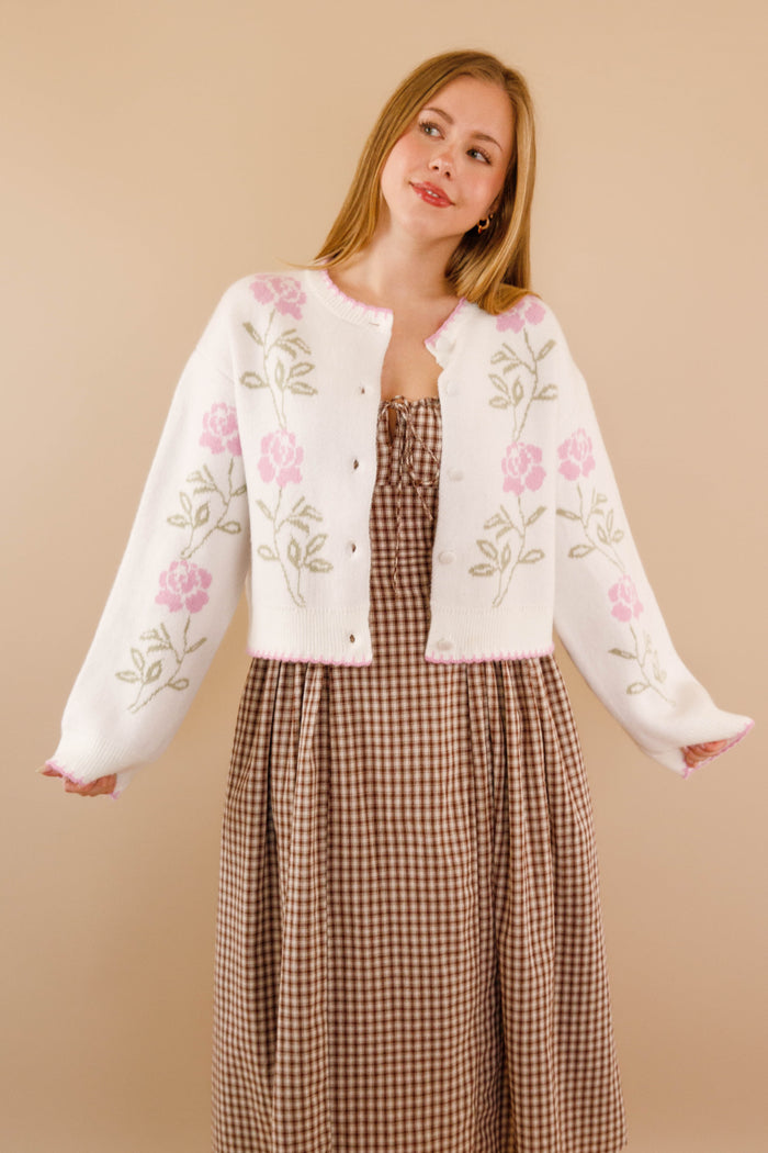 Pink and Green Rose Cardigan- Women's Scallop Trim Cardigan- Mable Cardigans