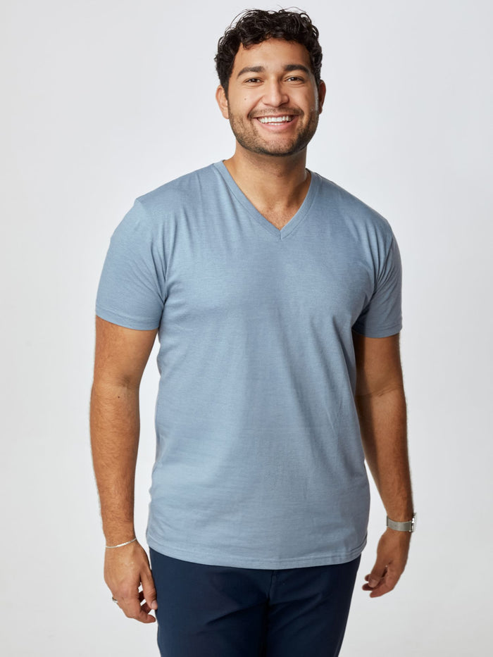 Matheus is 6', 210LBS and wears a size XL # Men's Wedgewood V-Neck Tee | Fresh Clean Threads