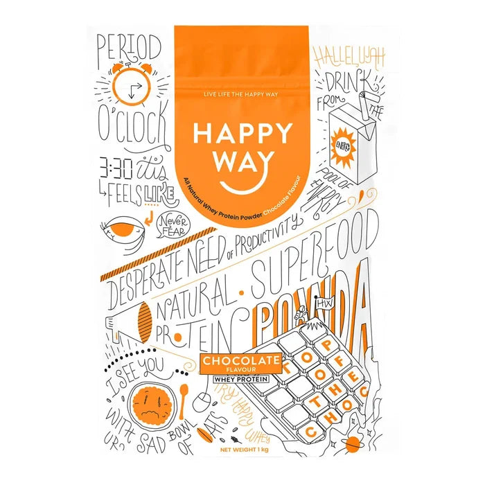 Happy Way chocolate whey protein powder 1kg package with text design on a white background