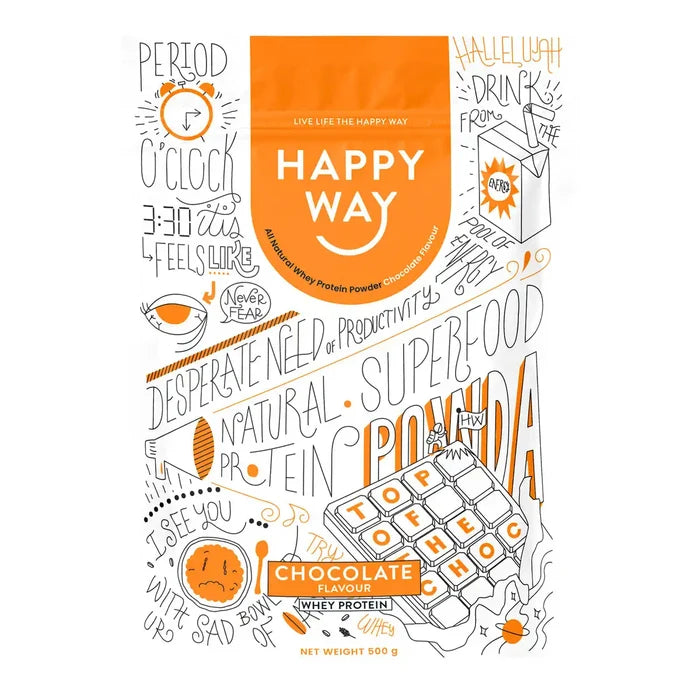 Happy Way chocolate whey protein powder 500g package with text and graphics on a white background