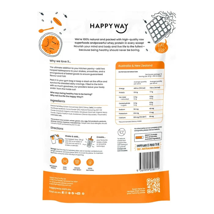 Back of Happy Way chocolate whey protein powder package with nutritional information, directions & ingredients.