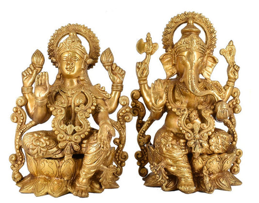 White Whale Brass Laxmi Ganesh Set Idol Showpiece - Brass Gold Finish Lakshmi Ganesha Idols Statue for Diwali Gifts Puja Home Decor Figurine