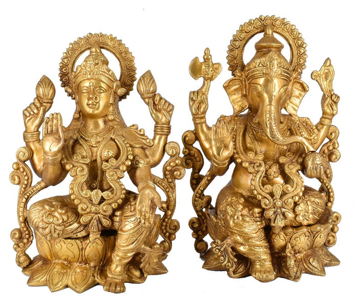 White Whale Brass Laxmi Ganesh Set Idol Showpiece - Brass Gold Finish Lakshmi Ganesha Idols Statue for Diwali Gifts Puja Home Decor Figurine