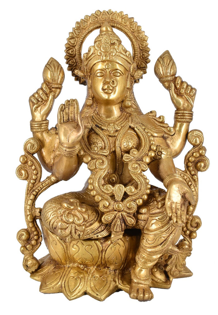 White Whale Hindu Goddess Maa Laxmi Idol Brass Statue Standing in Loltus Lakshmi for Temple Puja Home Decor Murti Office Gift Item Showpiece