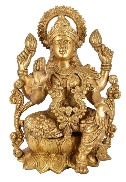 White Whale Hindu Goddess Maa Laxmi Idol Brass Statue Standing in Loltus Lakshmi for Temple Puja Home Decor Murti Office Gift Item Showpiece