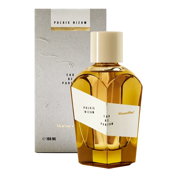 WienerBlut Palais Nizam Eau de Parfum i gyllen flaske med grå eske og teksturert design