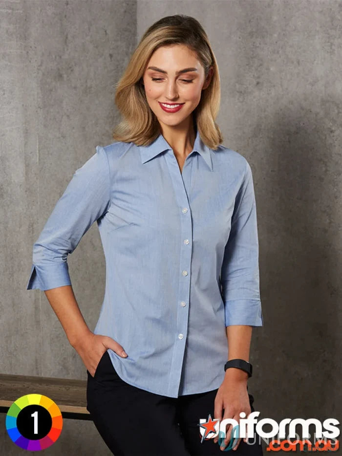 Light blue ladies fine chambray 3qtr shirt from Winning Spirit Ladies Fine Chambray collection