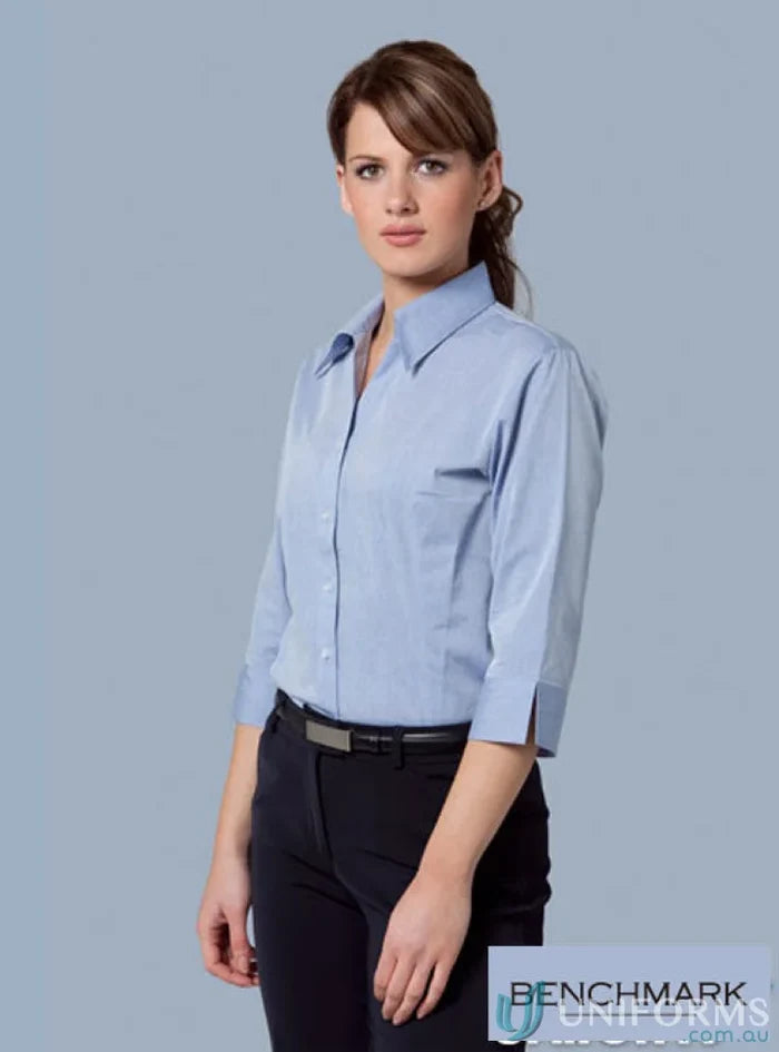 Woman wearing Winning Spirit Ladies Fine Chambray 3Qtr Shirt in light blue style