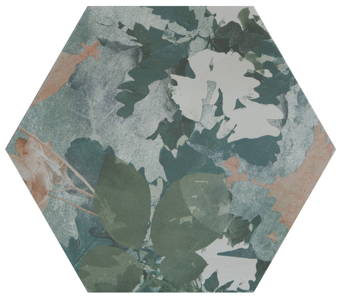 Hexagonal tile with floral pattern on a white background