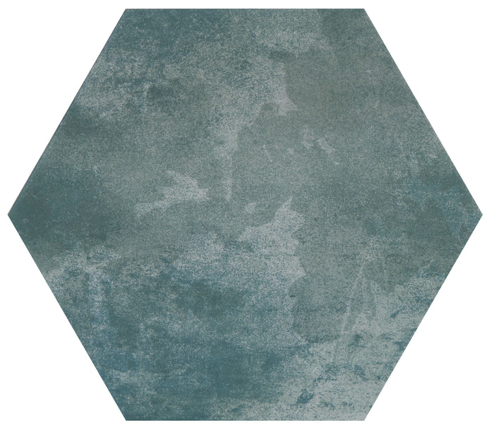 Hexagonal tile with a blue-green surface on a white background