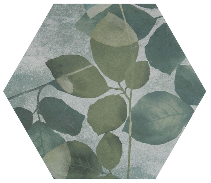 Hexagonal tile with green leaf pattern