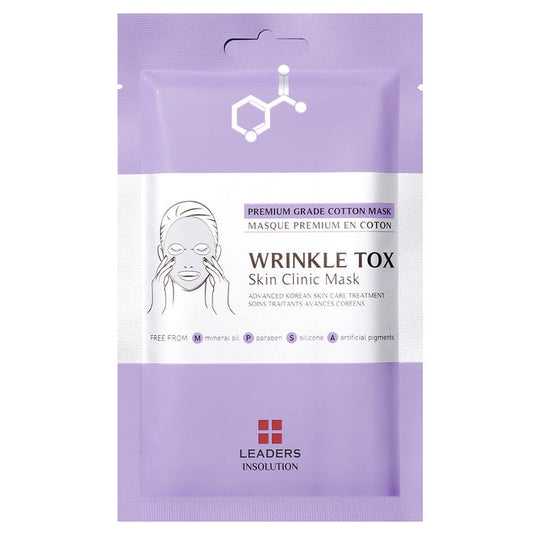 Packaging of Wrinkle Tox Skin Clinic Mask | Leaders in pastel purple, highlighting premium grade cotton mask for advanced Korean skincare treatment.