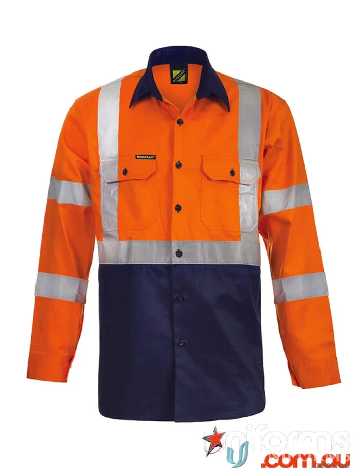 Orange and navy HiVis Cotton Shirt with reflective stripes for work safety and visibility
