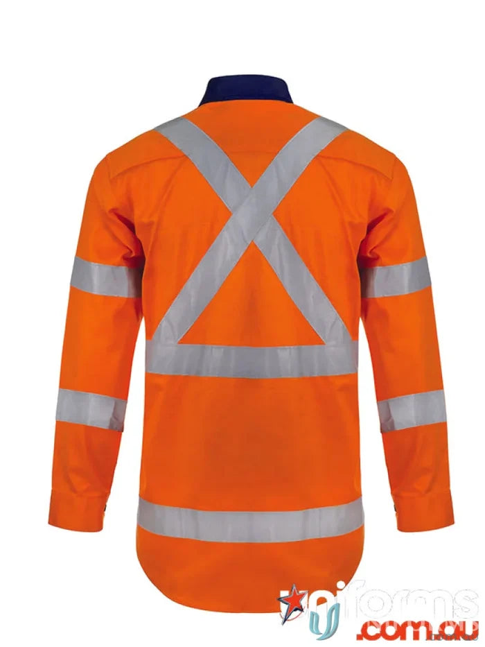 Orange long-sleeved HiVis Cotton Shirt with reflective X and stripes for work safety