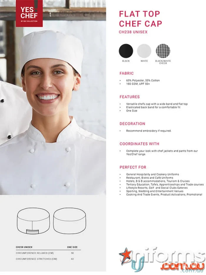Yes Chef Flat Top Cap showing chef cap ch238 from Biz Collection Chef kitchen attire
