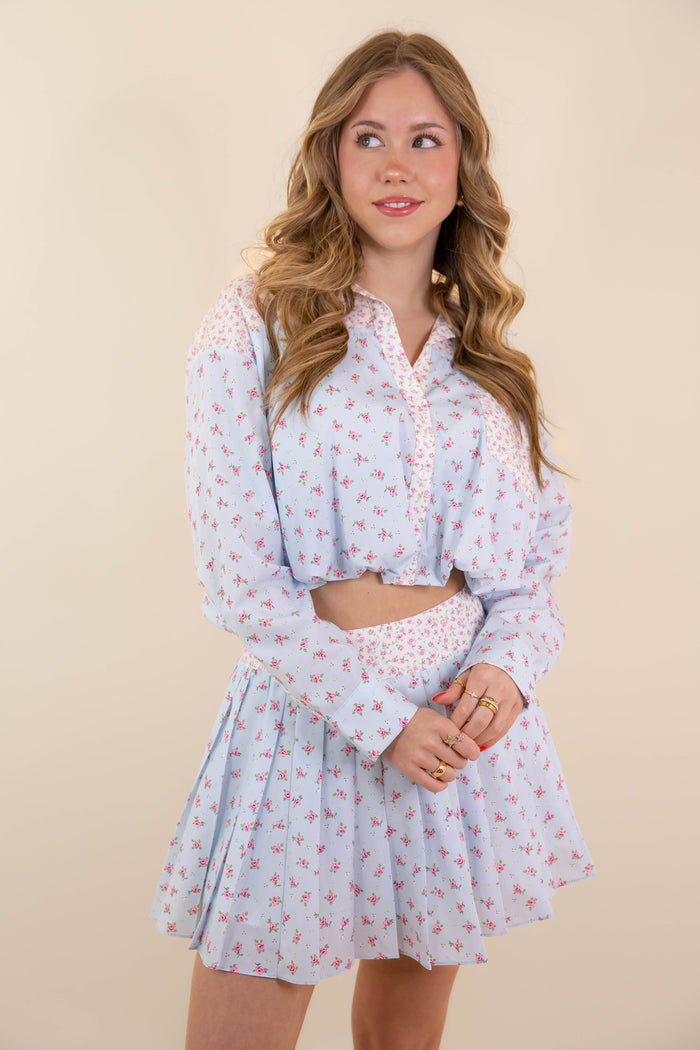 Floral Print Collared Shirt- Women's Spring Sets- PeachLove Floral Set